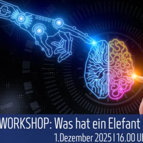 Hirn mit digitalem Leuchten, Finger berührt es. Text über Workshop.