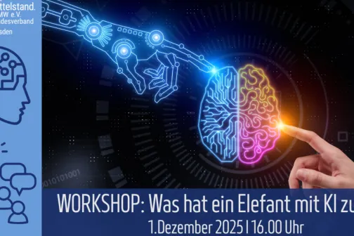 Hirn mit digitalem Leuchten, Finger ber&uuml;hrt es. Text &uuml;ber Workshop.