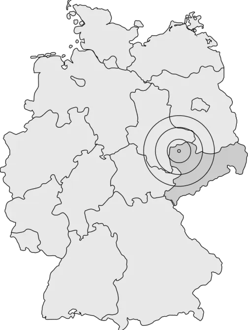 Vereinfachte Deutschalndkarte mit Reicheweitenbeispiel